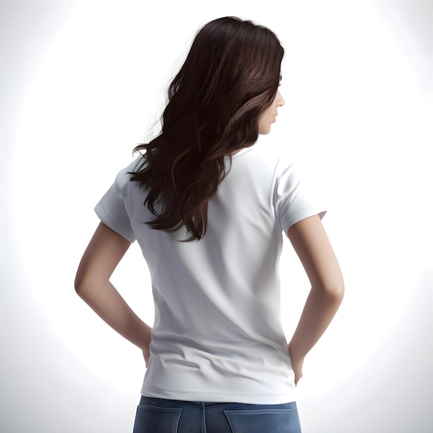 Mulher de camiseta branca em branco em fundo branco mock up