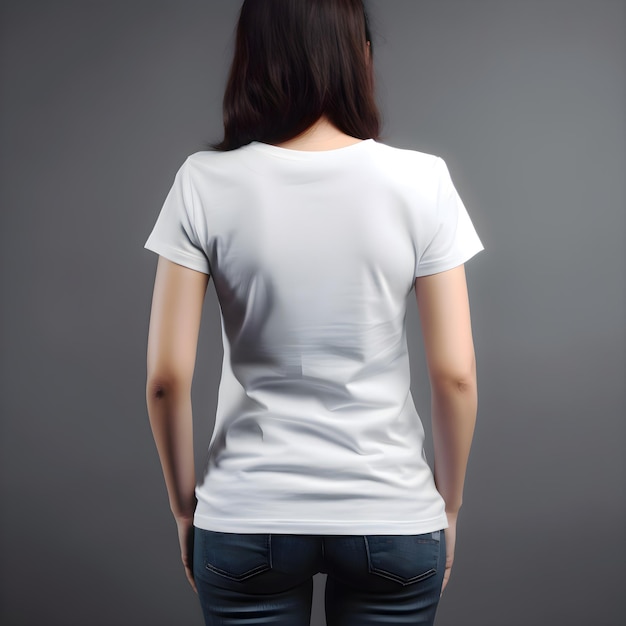 PSD grátis mulher de camiseta branca em branco lado de trás isolado em fundo cinza