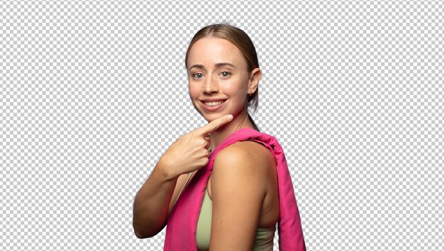 mulher de fitness loira bonita com um espaço de cópia