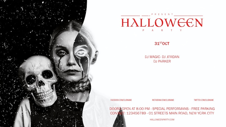 PSD grátis mulher de maquiagem halloween vista frontal com crânio olhando na câmera