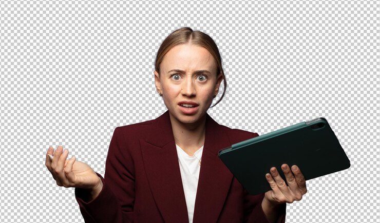 PSD grátis mulher de negócios segurando um touch screen pad