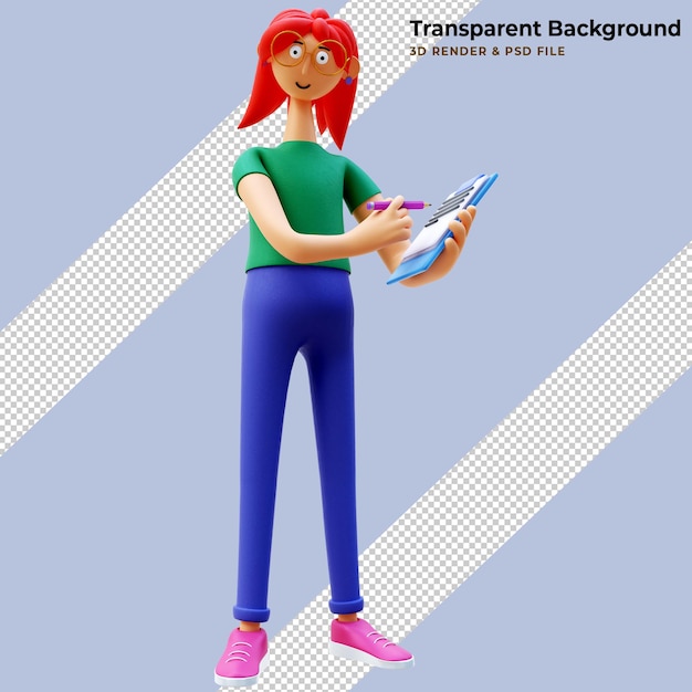 Mulher de personagem 3d está escrevendo em um ícone de papel de tarefa. renderização em 3d
