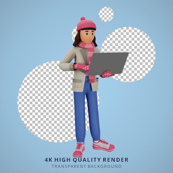 Mulher jovem segurando laptop com ilustração de personagem de desenho animado em 3d