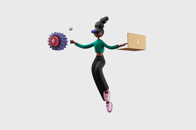 Mulher usando óculos de realidade virtual e trabalhando no laptop em ilustração 3d de fundo isolado Personagens de desenhos animados