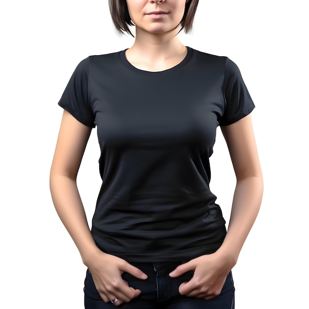 PSD grátis mulher vestindo camiseta preta em branco isolada em fundo branco com caminho de corte