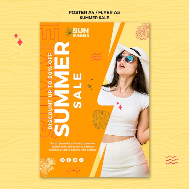 Mulher vestindo cartaz de vendas de roupas de verão