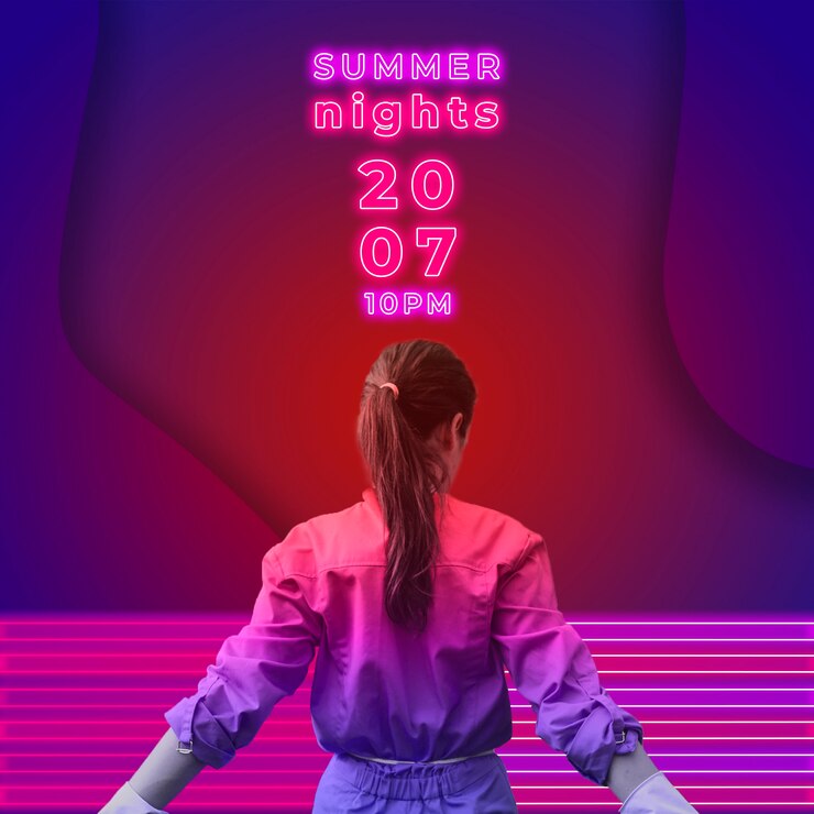 PSD grátis noite de verão festa banner em estilo de luzes de néon