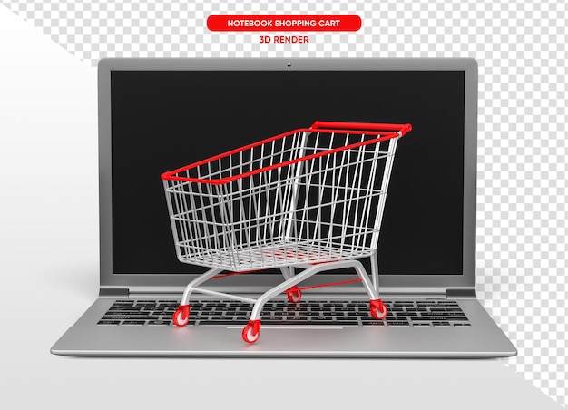 Notebook com carrinho de supermercado em renderização 3d realista com fundo transparente