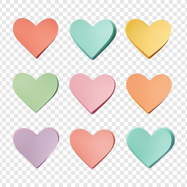 Nove notas adesivas em forma de coração pastel