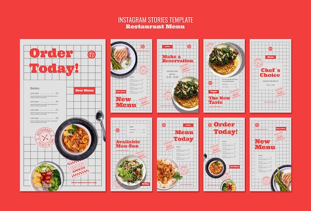 Novos modelos de histórias do instagram de menu de restaurante