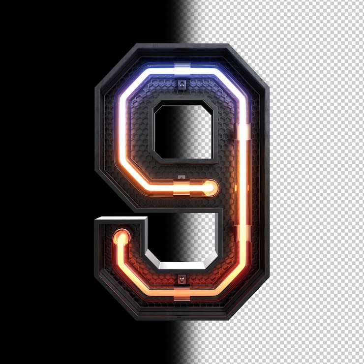 PSD grátis número 9 feito de luz neon