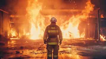 PSD grátis o bombeiro trabalha na queima do bombeiro do edifício na ia generativa do fundo da chama
