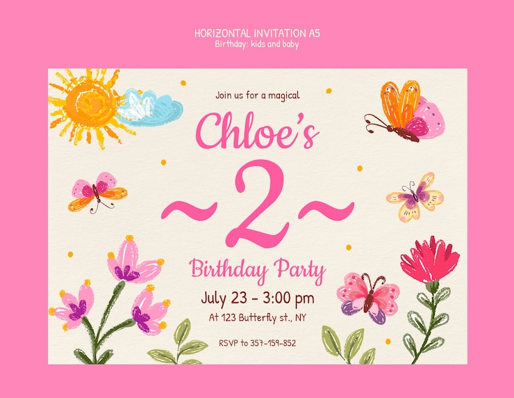 PSD grátis o convite mágico para a festa de aniversário da chloe.
