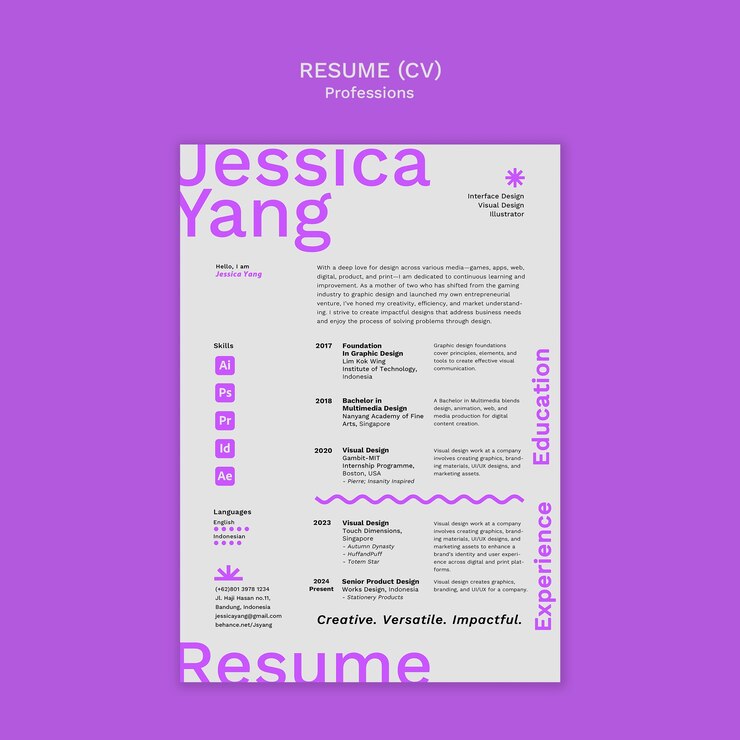 PSD grátis o currículo de jessica yang: experiência em interface, visual e design gráfico