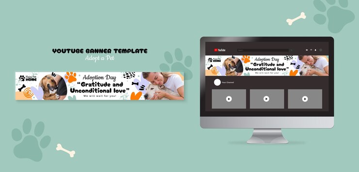 PSD grátis o design plano adota um banner de youtube para animais de estimação