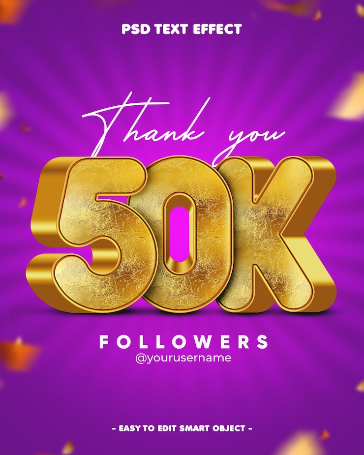 PSD grátis obrigado 50k seguidores 3d efeito de texto editável