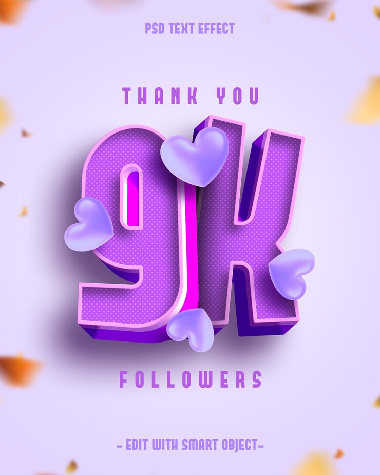 PSD grátis obrigado 9k seguidores efeito de texto editável 3d