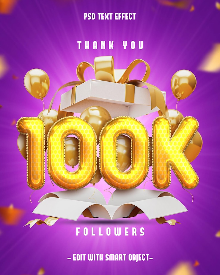 PSD grátis obrigado em 100k banners de mídia social para amigos e seguidores com efeito de texto editável