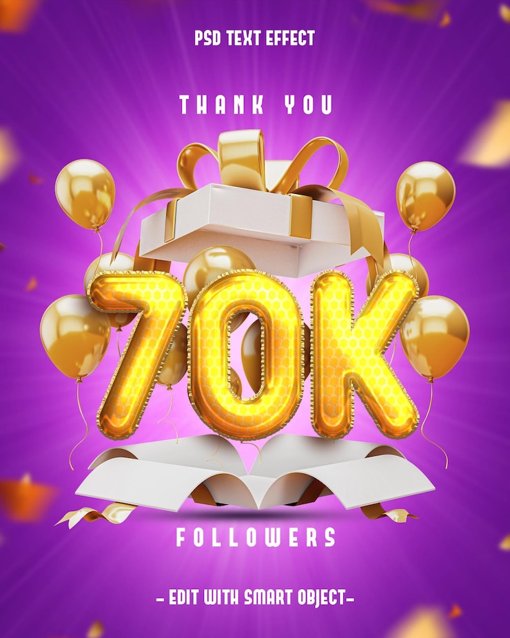 PSD grátis obrigado em 70 mil banners de mídia social para amigos e seguidores com efeito de texto editável