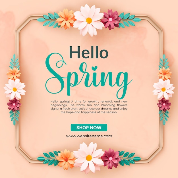 PSD grátis olá modelo de postagem 3d de moldura de flor de primavera