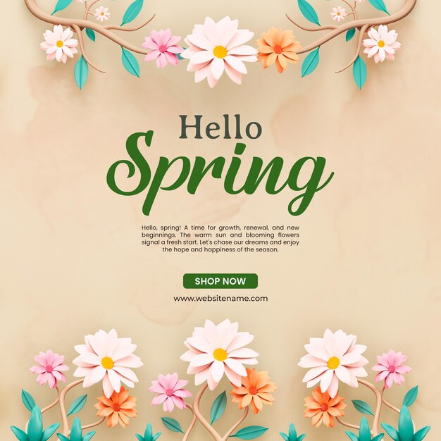 Olá primavera modelo de postagem 3d com flores em flor