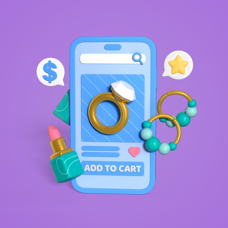 PSD grátis online shopping app with jewelry, lipstick and add to cart button