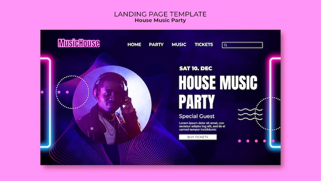 Página de chegada de festas de música house
