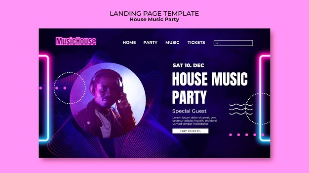 Página de chegada de festas de música house