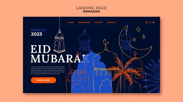 Página de destino da celebração do ramadã desenhada à mão
