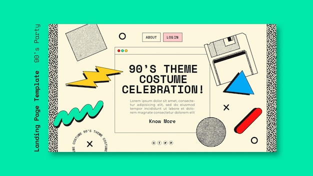Página de destino da festa dos anos 90 desenhada à mão