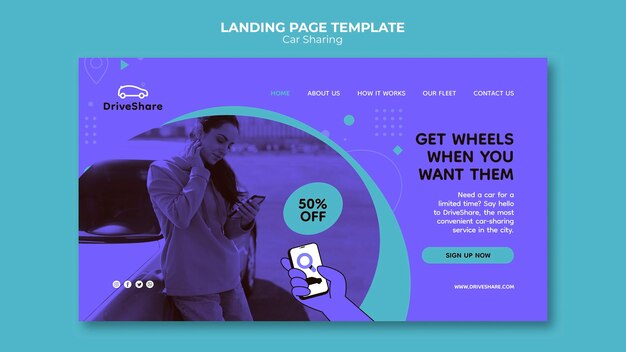 PSD grátis página de destino de compartilhamento de carro de design plano