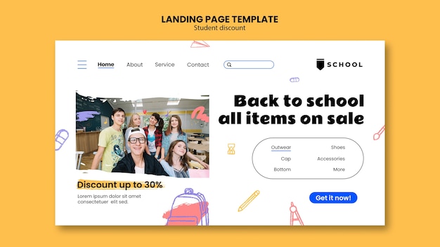 PSD grátis página de destino de descontos para estudantes desenhados à mão