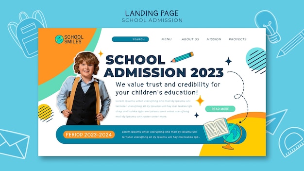 Página inicial de admissão à escola de design plano