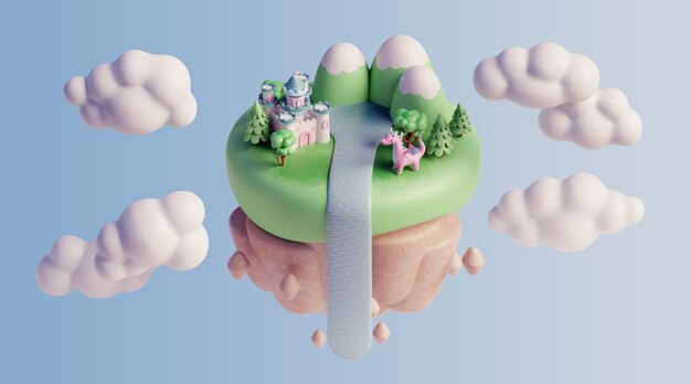 paisagem flutuante 3d com elementos da natureza e nuvens