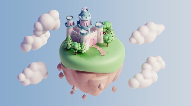 paisagem flutuante 3d com elementos da natureza e nuvens