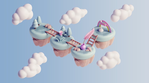 Paisagem flutuante 3d com elementos da natureza e nuvens