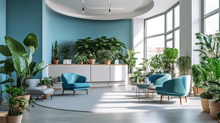 PSD grátis panorama de uma recepção brilhante e sala de espera em uma clínica com mesa generative ai
