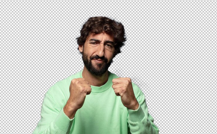 PSD grátis parecendo confiante, zangado, forte e agressivo, com punhos prontos para lutar em posição de boxe.