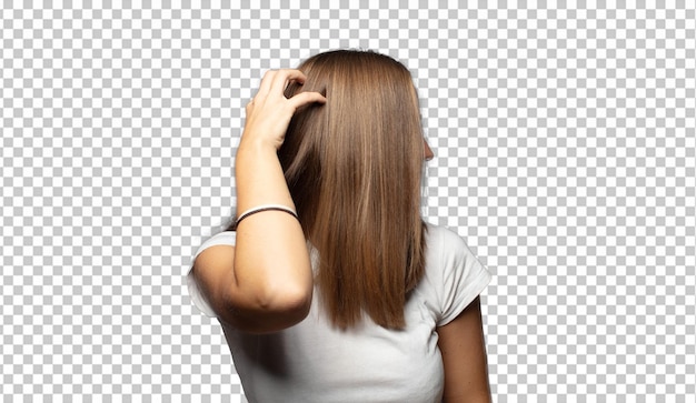 pensar ou duvidar coçar a cabeça sentir-se perplexo e confuso de volta ou visão traseira