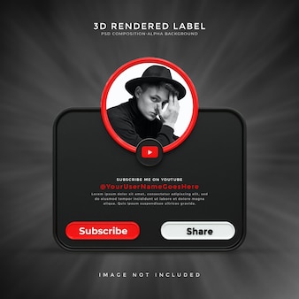 Perfil de ícone de banner brilhante no design de rótulo de renderização em 3d do youtube preto