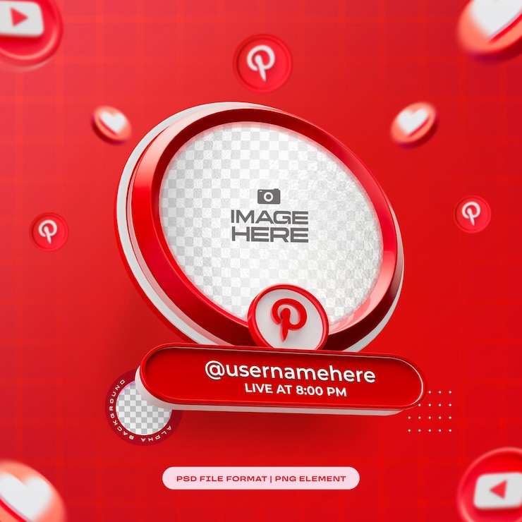 PSD grátis perfil de mídia social redondo quadro 3d para pinterest objeto 3d isolado