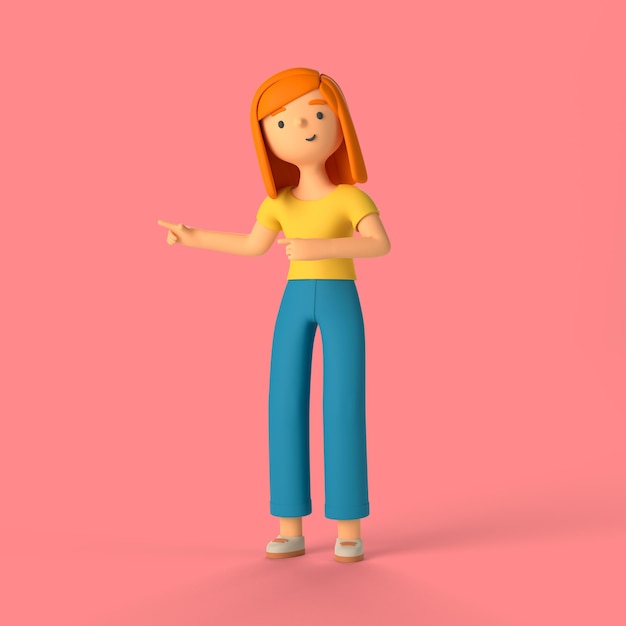 Personagem 3D feminina apontando ao lado dela