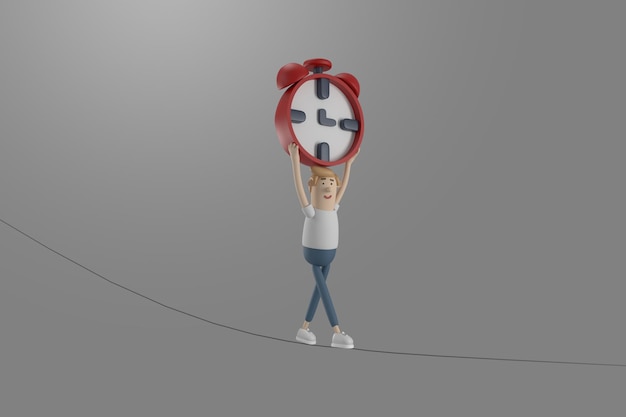 Personagem 3d jovem carregando despertador anda na corda com cuidado