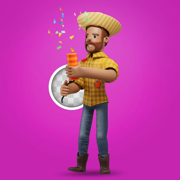 Personagem de festa junina com ilustração 3d de confete