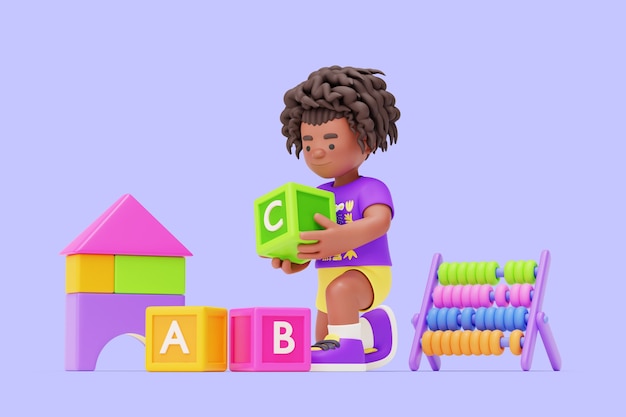 Personagem de jardim de infância 3d brincando com brinquedos