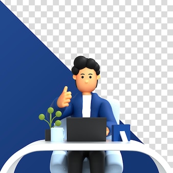 Personagem masculino 3d trabalhando usando laptop freelancer renderização 3d psd premium