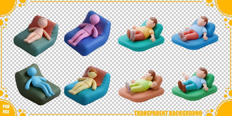 PSD grátis personagens de desenhos animados coloridos em sacos de feijão relaxando