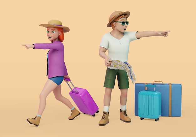 Personagens viajando com bagagem e mapa