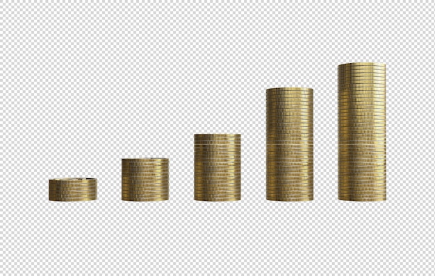 Pilhas de moedas dispostas em um gráfico de barras em fundo transparente