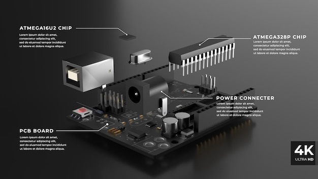 Placa pcb do microcontrolador com fundo escuro com chips rotulados componentes do amplificador ics
